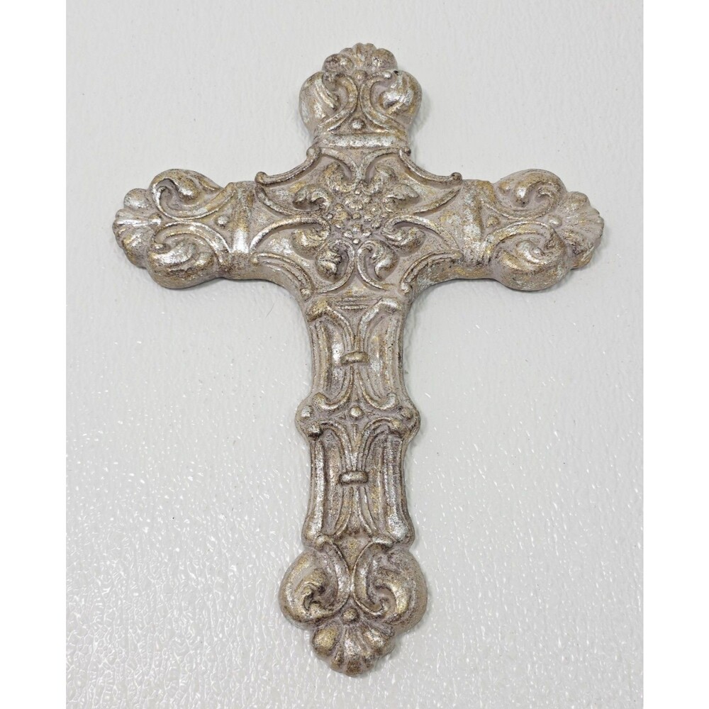 Ornate Vintage Wall Cross Plaque 12" Distressed Silver Gold Cast Resin Faith